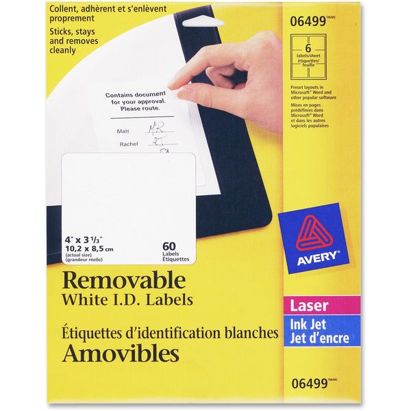 Avery&reg; Removable ID Labels for Laser and Inkjet Printers, 4" x 3?" - 4" Width x 3 1/3" Length - Removable Adhesive - Rectangle - Laser - White - 60 / Pack