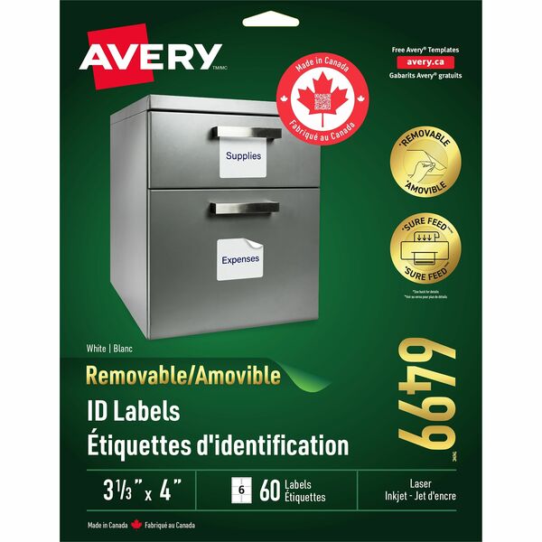 Avery&reg; Removable ID Labelsfor Laser and Inkjet Printers, 4" x 3-1/3" - 4" (101.60 mm) Width x 3 1/3" (84.67 mm) Length - Removable Adhesive - Rectangle - Laser - White - 60 / Pack