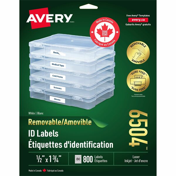 Avery&reg; Removable ID Labelsfor Laser and Inkjet Printers, 1-3/4" x 1/2" - 1 3/4" (44.45 mm) Width x 1/2" (12.70 mm) Length - Removable Adhesive - Rectangle - Laser - White - 800 / Pack