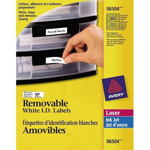Avery&reg; Removable ID Labels for Laser and Inkjet Printers, 1¾" x ½" - 1 3/4" Width x 1/2" Length - Removable Adhesive - Rectangle - Laser - White - 800 / Pack