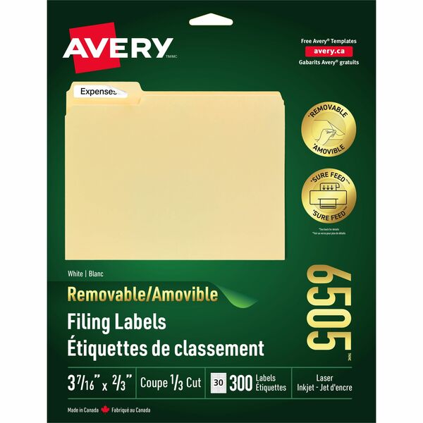 Avery&reg; Removable Filing Labels for Laser and Inkjet Printers, 3-7/16" x ?" - 3 7/16" Width x 2/3" Length - Removable Adhesive - Rectangle - Laser - White - 300 / Pack