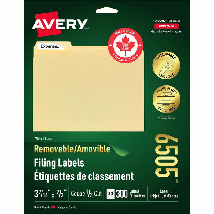 Removable White Filing Labels for Laser and Inkjet Printers, 3-7/16" x 2/3" - Removable Adhesive - Laser, Inkjet - White - 30 / Sheet - 300 / Pack