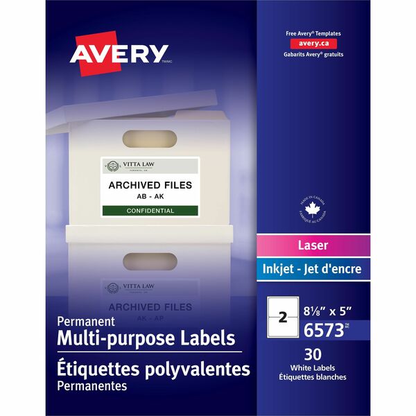 Avery&reg; ID Labels for Laser and Inkjet Printers, 8?" x 5" - 8 1/8" Width x 5" Length - Permanent Adhesive - Rectangle - Laser, Inkjet - White - 2 / Sheet - 30 / Pack