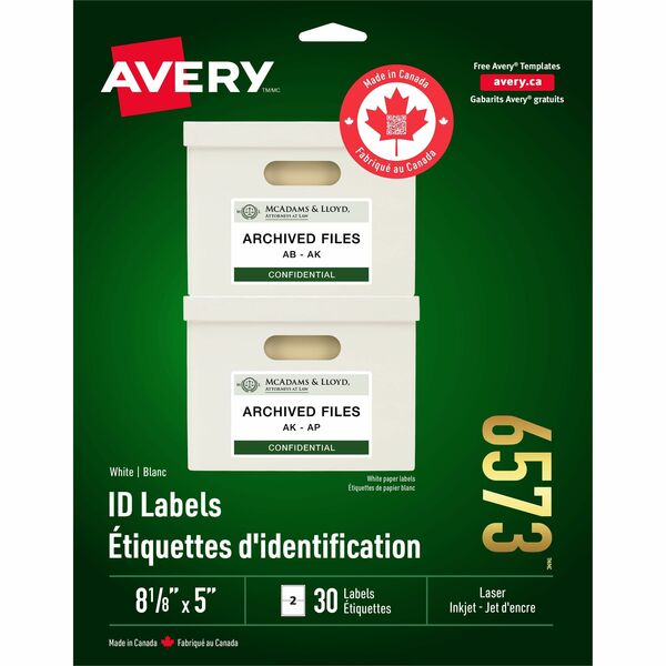 Avery&reg; ID Labelsfor Laser and Inkjet Printers, 8-1/8" x 5" - 8 1/8" (206.38 mm) Width x 5" (127 mm) Length - Permanent Adhesive - Rectangle - Laser, Inkjet - White - 2 / Sheet - 30 / Pack