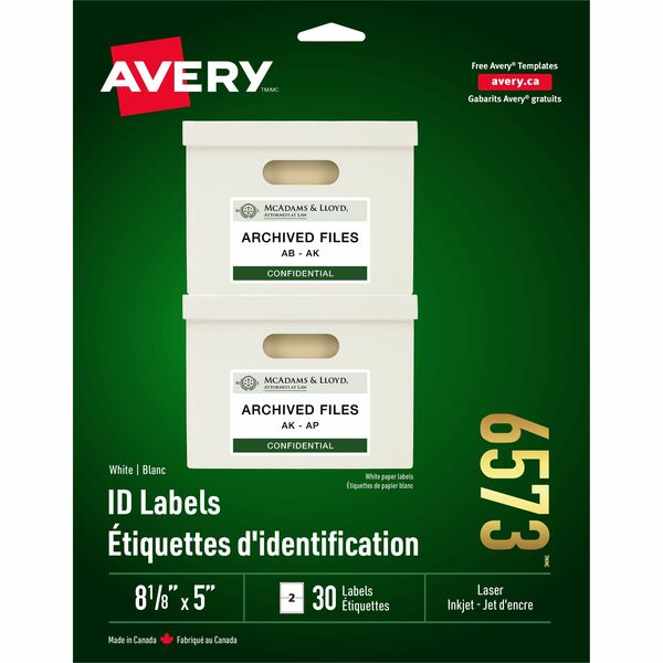 Avery&reg; ID Labelsfor Laser and Inkjet Printers, 8-1/8" x 5" - 8 1/8" (206.38 mm) Width x 5" (127 mm) Length - Permanent Adhesive - Rectangle - Laser, Inkjet - White - 2 / Sheet - 30 / Pack