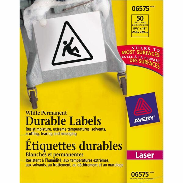 Avery&reg; Durable ID Labels with TrueBlock&trade; Technology for Laser Printers, 8½" x 11" - Waterproof - 8 1/2" Height x 11" Width - Permanent Adhesive - Rectangle - Laser - White - Film - 1 / Sheet - 50 Total Sheets - 50 Total Label(s) - 50 / Box - Per