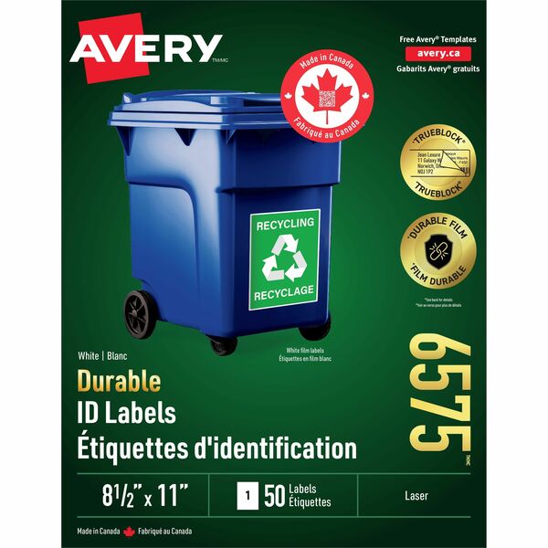 Avery&reg; Durable ID Labelswith TrueBlock™ Technology for Laser Printers, 8-1/2" x 11" - Waterproof - 8 1/2" (215.90 mm) Height x 11" (279.40 mm) Width - Permanent Adhesive - Rectangle - Laser - White - Film - 1 / Sheet - 50 Total Sheets - 50 Total