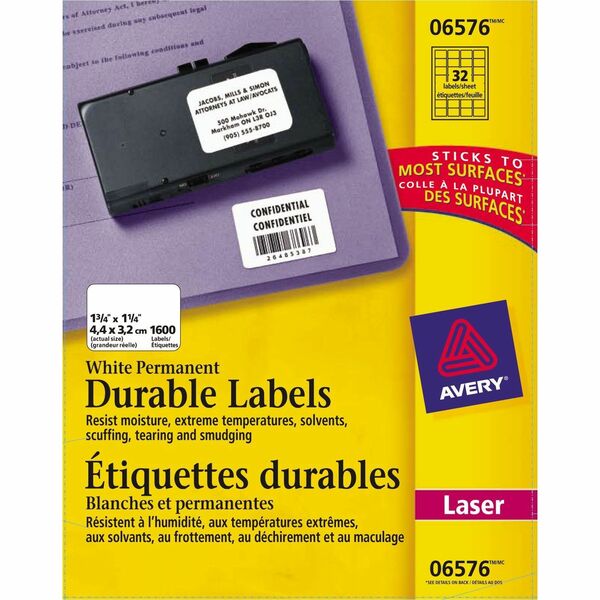 Avery&reg; Durable ID Labels with TrueBlock&trade; Technology for Laser Printers, 1¾" x 1¼" - Waterproof - 1 3/4" Height x 1 1/4" Width - Permanent Adhesive - Rectangle - Laser - White - Film - 32 / Sheet - 50 Total Sheets - 1600 Total Label(s) - 1600 / B