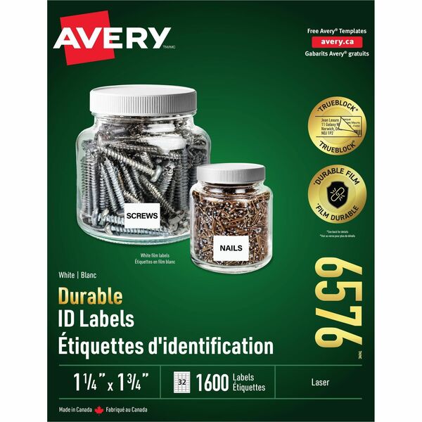 Avery&reg; Durable ID Labelswith TrueBlock&trade; Technology for Laser Printers, 1-3/4" x 1¼" - Waterproof - 1 3/4" (44.45 mm) Height x 1 1/4" (31.75 mm) Width - Permanent Adhesive - Rectangle - Laser - White - Film - 32 / Sheet - 50 Total Sheets - 1600 T