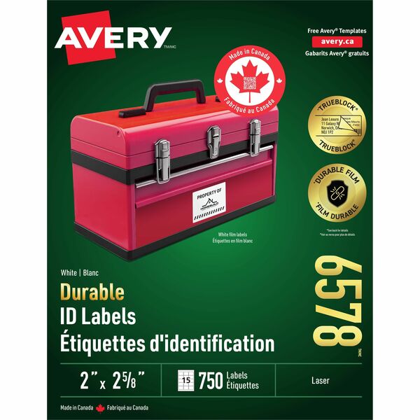 Avery&reg; Durable ID Labelswith TrueBlock™ Technology for Laser Printers, 2-5/8" x 2" - Waterproof - 2" (50.80 mm) Height x 2 5/8" (66.68 mm) Width - Permanent Adhesive - Rectangle - Laser - White - Film - 15 / Sheet - 50 Total Sheets - 750 Total L