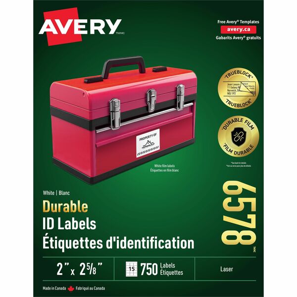Avery&reg; Durable ID Labelswith TrueBlock&trade; Technology for Laser Printers, 2-5/8" x 2" - Waterproof - 2" (50.80 mm) Height x 2 5/8" (66.68 mm) Width - Permanent Adhesive - Rectangle - Laser - White - Film - Permanent Adhesive, Durable, Heavy Duty, S