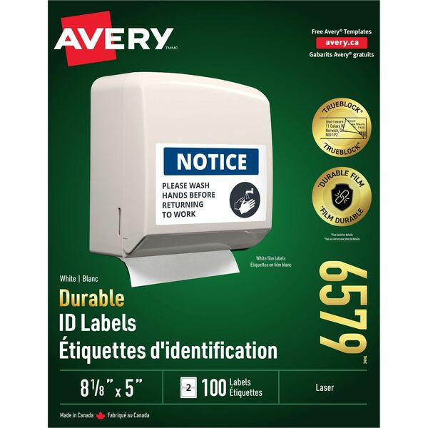 Avery&reg; Durable ID Labelswith TrueBlock&trade; Technology for Laser Printers, 8-1/8" x 5" - Waterproof - 5" (127 mm) Height x 8 1/8" (206.38 mm) Width - Permanent Adhesive - Rectangle - Laser - White - Film - 2 / Sheet - 50 Total Sheets - 100 Total Lab