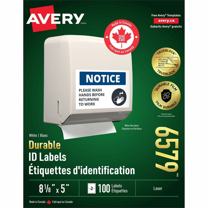 Durable ID Labels with TrueBlock™ Technology for Laser Printers, 8 1/8" x 5" - Permanent Adhesive - Laser - White - Film, Polyester - 2 / Sheet - 100 / Pack