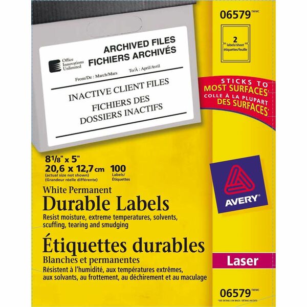 Avery&reg; Durable ID Labels with TrueBlock&trade; Technology for Laser Printers, 8?" x 5" - Waterproof - 5" Height x 8 1/8" Width - Permanent Adhesive - Rectangle - Laser - White - Film - 2 / Sheet - 50 Total Sheets - 100 Total Label(s) - 100 / Box - Per