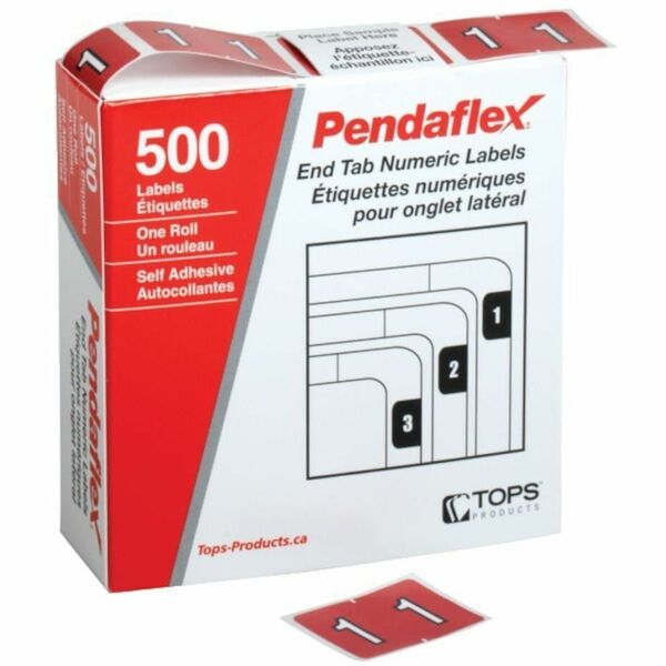 Pendaflex Numeric End Tab Filing Labels - #1 - Number - 1 1/4" (31.75 mm) Width x 15/16" (23.81 mm) Length - Rectangle - Red - Self-adhesive - 500 / Box