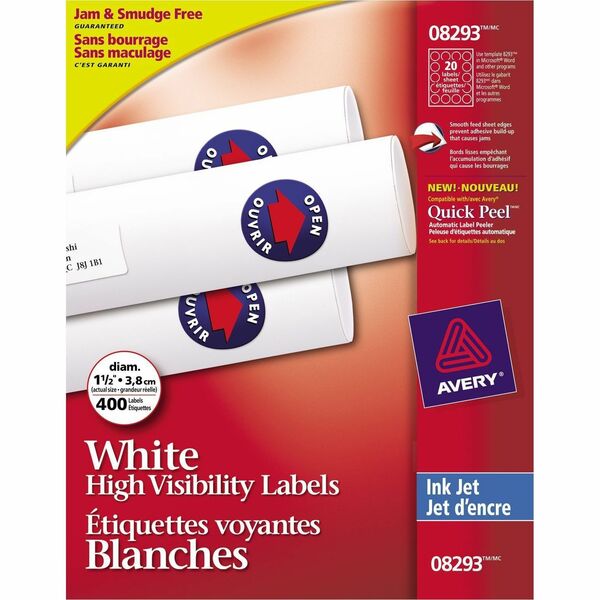 Avery&reg; High-Visibility Labels for Inkjet Printers, 1½" Diameter, White - - Width1 1/2" Diameter - Permanent Adhesive - Round - Inkjet - White - Paper - 20 / Sheet - 20 Total Sheets - 400 Total Label(s) - 400 / Pack