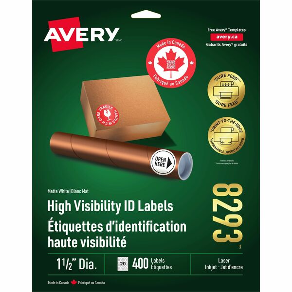 Avery&reg; High-Visibility Labelsfor Inkjet Printers, 1-1/2" Diameter, White - 1 1/2" (38.10 mm) Diameter - Permanent Adhesive - Round - Inkjet - White - Paper - 20 / Sheet - 20 Total Sheets - 400 Total Label(s) - 400 / Pack