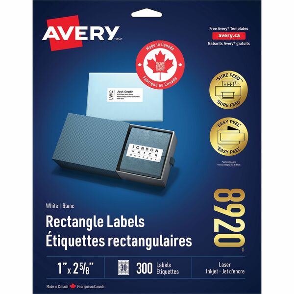 Avery&reg; White Rectangle Labels with Sure Feed™ TechnologyEasy Peel&reg;, 1" x 2-5/8" , for Laser and Inkjet Printers - 2 5/8" (66.68 mm) Width x 1" (25.40 mm) Length - Permanent Adhesive - Rectangle - Inkjet - White - 30 / Sheet - 300 / Pack