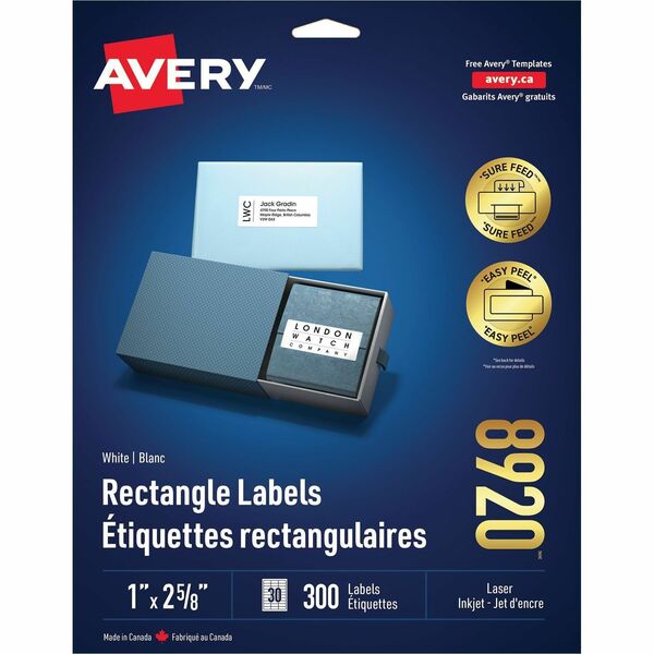 Avery&reg; White Rectangle Labels with Sure Feed&trade; TechnologyEasy Peel&reg;, 1" x 2-5/8" , for Laser and Inkjet Printers - 2 5/8" (66.68 mm) Width x 1" (25.40 mm) Length - Permanent Adhesive - Rectangle - Inkjet - White - 30 / Sheet - Jam-free, Smudg