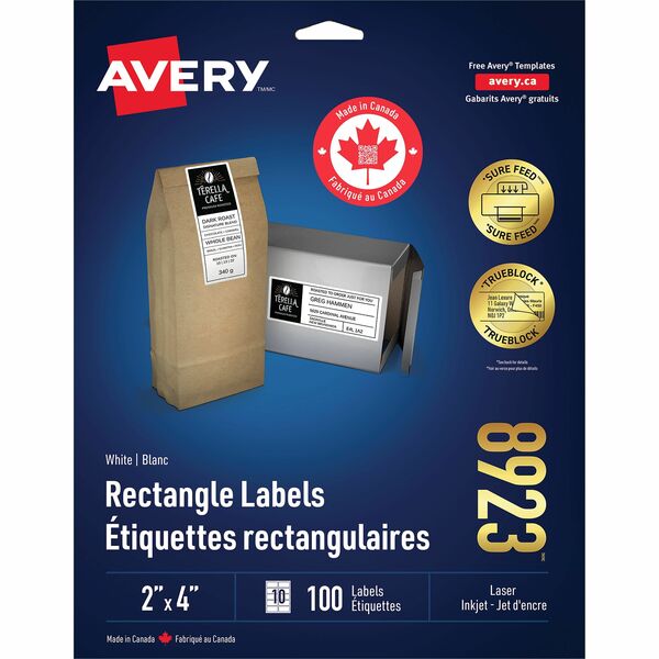 Avery&reg; White Rectangle Labels with Sure Feed™ TechnologyTrueBlock&reg;, 2" x 4" , for Laser and Inkjet Printers - 4" (101.60 mm) Width x 2" (50.80 mm) Length - Permanent Adhesive - Rectangle - Inkjet - White - 100 / Pack