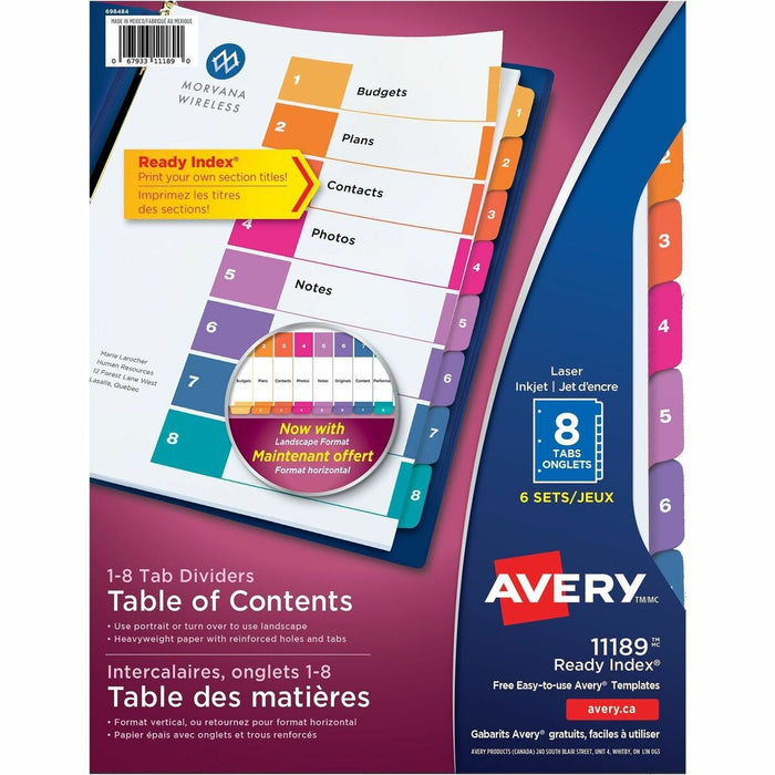 Avery&reg; Ready Index&reg; Table of Content Dividersfor Laser and Inkjet Printers, 8 tabs, 6 sets - 8 Printed Tab(s) - Digit - 8.50" (215.90 mm) Divider Width x 11" (279.40 mm) Divider Length - Letter - Clear Divider - Multicolor Tab(s) - 20% Recycled -