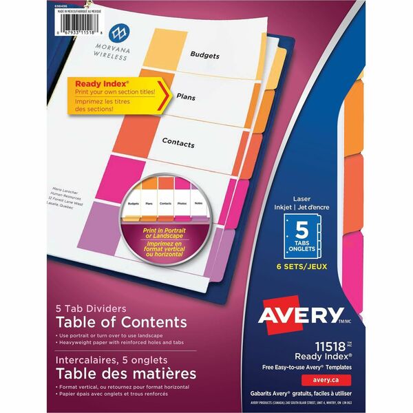 Avery&reg; Ready Index&reg; Table of Content Dividers, 5 tabs, 6 sets - 5 Blank Tab(s) - Multicolor Tab(s) - Recycled - Insertable - 6 / Pack