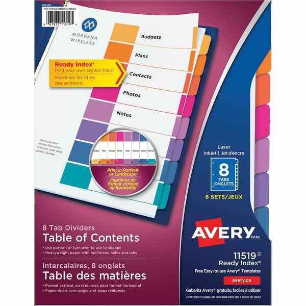 Avery&reg; Ready Index&reg; Table of Content Dividers, 8 tabs, 6 sets - 8 Blank Tab(s) - Multicolor Tab(s) - Recycled - Insertable - 6 / Pack