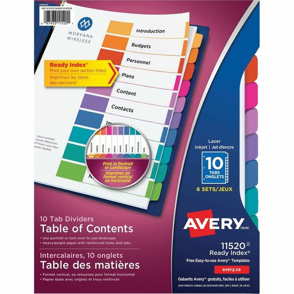 Avery&reg; Ready Index&reg; Table of Content Dividers, 10 tabs, 6 sets - 10 Blank Tab(s) - Multicolor Tab(s) - Recycled - Insertable - 6 / Pack