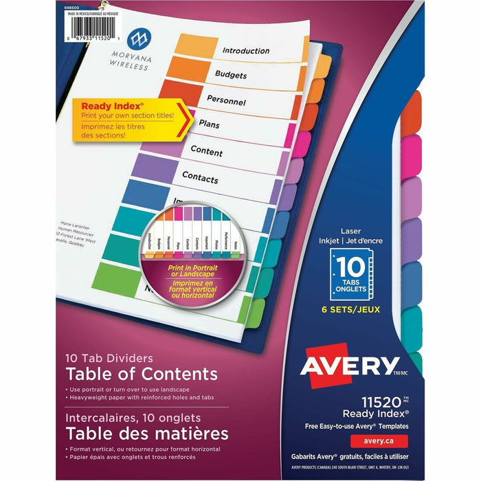 Avery&reg; Ready Index&reg; Table of Content Dividers, 10 tabs, 6 sets - 10 Blank Tab(s) - Multicolor Tab(s) - Yes - Insertable - 6 / Pack