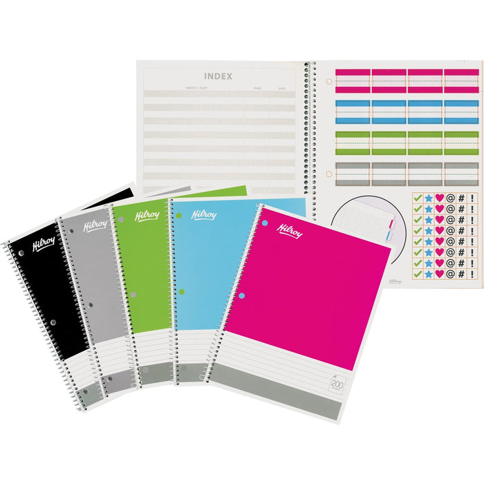 Hilroy Coil Notebook - 100 Sheets - 200 Pages - Ruled Front Ruling - Letter - White Paper - Black, Pink, Gray, Green, Blue Cover - Index Card - 1 Each