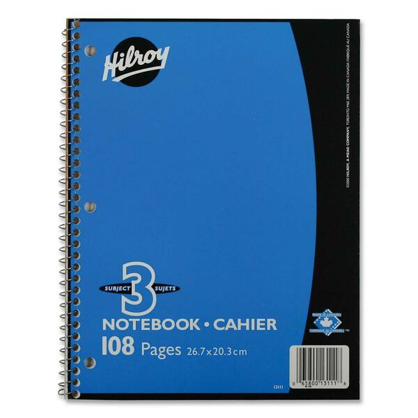 Hilroy Coil Three Subject Book - 108 Pages - Wire Bound - 0.28" (7 mm) Ruled - Ruled Margin - 8" (203.20 mm) x 10 1/2" (266.70 mm) Sheet Size - Subject - 1 Each