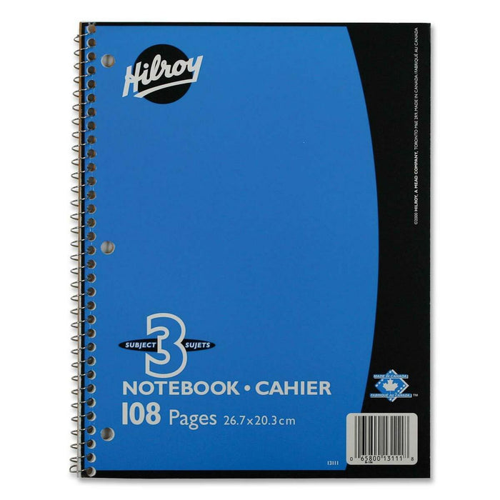 Hilroy Coil Three Subject Book - 108 Pages - Wire Bound - 0.28" (7 mm) Ruled - Ruled Margin - 8" (20.32 cm) x 10 1/2" (26.67 cm) Sheet Size - Subject - 1 Each
