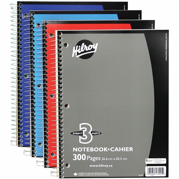 Hilroy Executive Coil Three Subject Notebook - 300 Pages - Coilock - 0.28" (7 mm) Ruled - 8" (20.32 cm) x 10 1/2" (26.67 cm) Sheet Size - Assorted Cover - Subject, Hole-punched - 1 Each