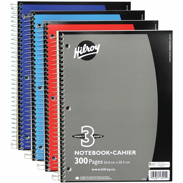 Hilroy Executive Coil Three Subject Notebook - 300 Pages - Coilock - 0.28" (7 mm) Ruled - 8" (20.32 cm) x 10 1/2" (26.67 cm) Sheet Size - Assorted Cover - Subject, Hole-punched - 1 Each