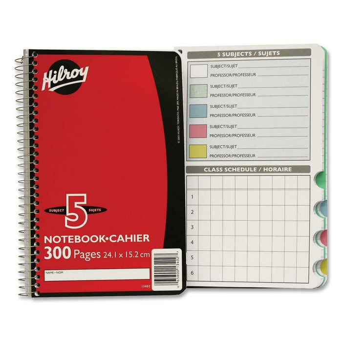 Hilroy Executive Coil Five Subject Notebook - 300 Sheets - Wire Bound - 0.28" (7 mm) Ruled - 6" (15.24 cm) x 9 1/2" (24.13 cm) Sheet Size - Assorted Cover - Subject - 1 Each