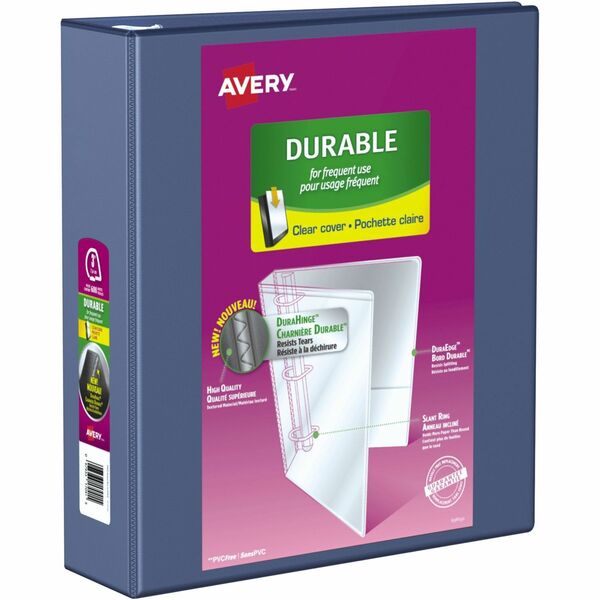 Avery&reg; Durable View Binder 3" , Slant D Rings, Navy - 3" (76.20 mm) Binder Capacity - Letter - 8 1/2" (215.90 mm) x 11" (279.40 mm) Sheet Size - 600 Sheet Capacity - 3 Ring(s) - Fastener(s): Slant D-Ring - Pocket(s): 2, Internal - Polypropylene - Navy