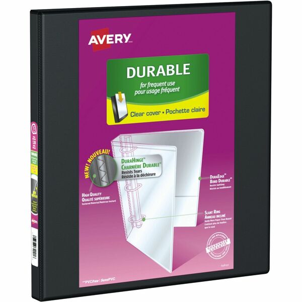 Avery&reg; Durable View Binder 1/2" , Slant D Rings, Black - 1/2" (12.70 mm) Binder Capacity - Letter - 8 1/2" (215.90 mm) x 11" (279.40 mm) Sheet Size - Fastener: D-Ring - Black - Recycled - Durable, Gap-free Ring - 1 Each