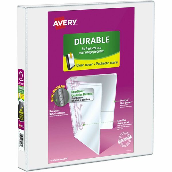 Avery&reg; Durable View Binder 1" , Slant D Rings, White - 1" (25.40 mm) Binder Capacity - Letter - 8 1/2" (215.90 mm) x 11" (279.40 mm) Sheet Size - Fastener(s): D-Ring - White - Recycled - Durable, Gap-free Ring - 1 Each
