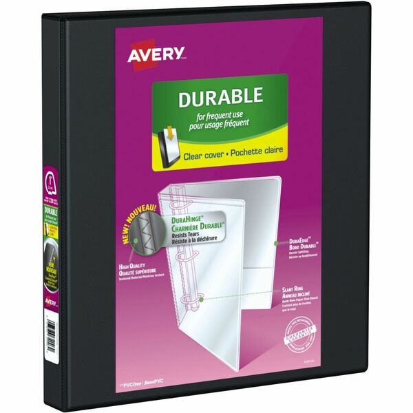 Avery&reg; Durable View Binder 1" , Slant D Rings, Black - 1" (25.40 mm) Binder Capacity - 8 1/2" (215.90 mm) x 11" (279.40 mm) Sheet Size - Fastener(s): D-Ring - Black - Recycled - Durable, Gap-free Ring - 1 Each