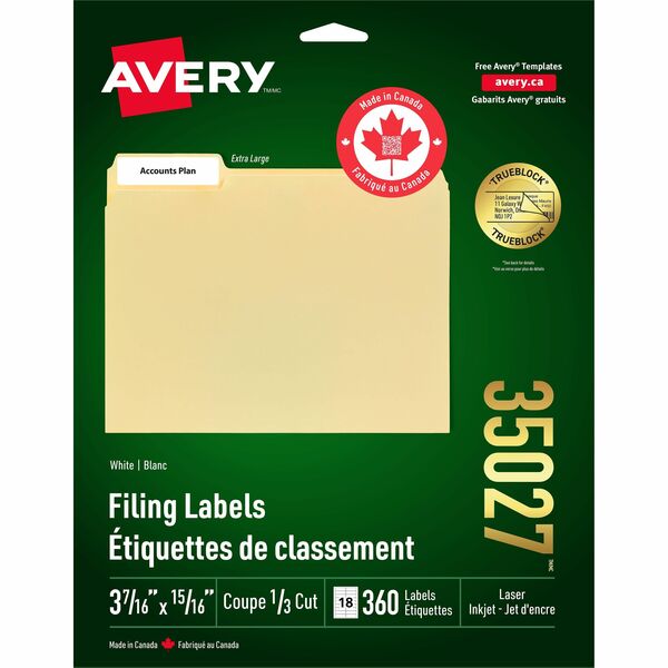Avery&reg; Extra Large Filing Labelswith TrueBlock™ Technology for Laser and Inkjet Printers, 3-7/16" x 15/16" , White - 15/16" (23.62 mm) Width x 3 7/16" (87.12 mm) Length - Rectangle - Laser, Inkjet - White - 360 / Pack