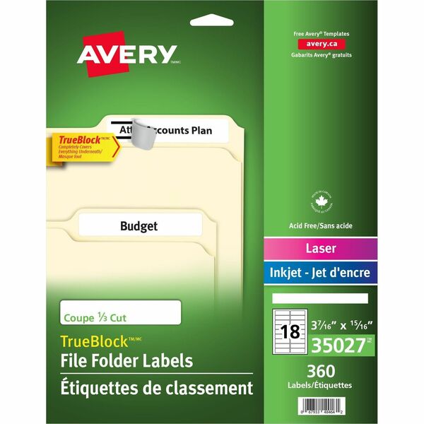 Avery&reg; Extra Large Filing Labels with TrueBlock&trade; Technology for Laser and Inkjet Printers, 3-7/16" x 15/16" , White - 15/16" Width x 3 7/16" Length - Rectangle - Laser, Inkjet - White - 360 / Pack