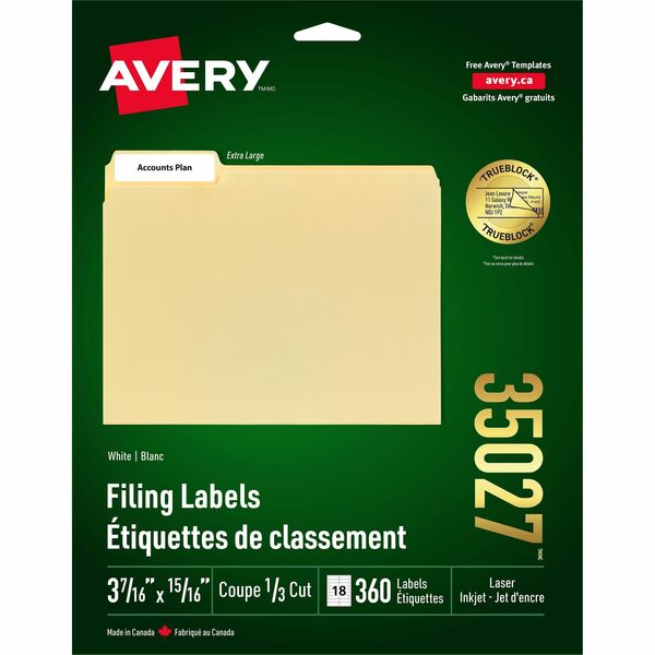 Avery&reg; Extra Large Filing Labelswith TrueBlock&trade; Technology for Laser and Inkjet Printers, 3-7/16" x 15/16" , White - 15/16" (23.62 mm) Width x 3 7/16" (87.12 mm) Length - Rectangle - Laser, Inkjet - White - 360 / Pack