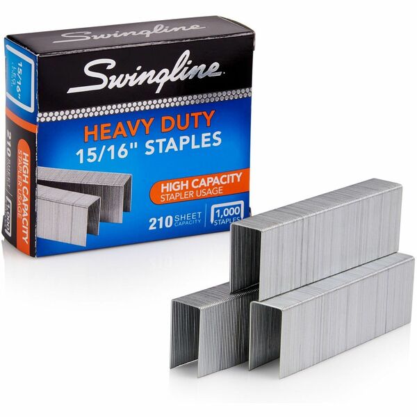 Swingline Premium Heavy-Duty Staples - Heavy Duty - 15/16" (23.81 mm) Leg - Holds 210 Sheet(s) - for Paper - Heavy Duty, Chisel Point - Silver - 100 Per Strip - 1000 / Box