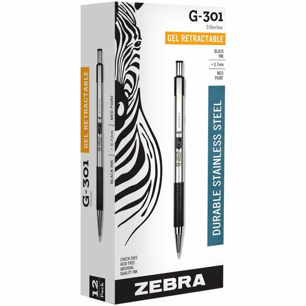 Zebra Pen G-301 Retractable Ballpoint Pen - 0.7 mm Pen Point Size - Refillable - Retractable - Black Gel-based Ink - Stainless Steel Barrel - 1 Each