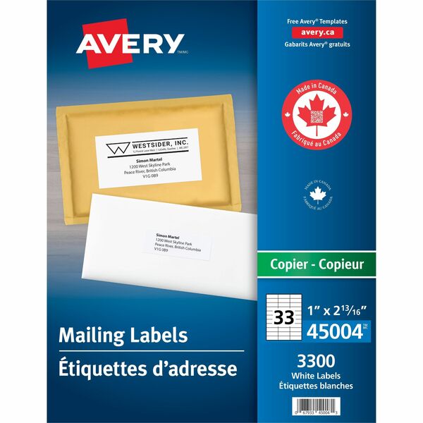 Avery&reg; Address Labelsfor Copiers, 2-13/16" x 1" - 2 13/16" (71.44 mm) Width x 1" (25.40 mm) Length - Permanent Adhesive - Rectangle - White - 3300 / Box