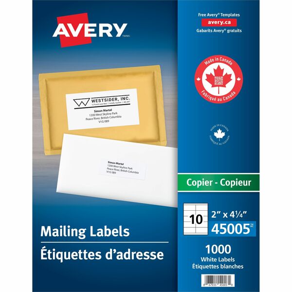 Avery&reg; Address Labelsfor Copiers, 4-1/4" x 2" - 4 1/4" (107.95 mm) Width x 2" (50.80 mm) Length - Permanent Adhesive - Rectangle - White - 1000 / Box