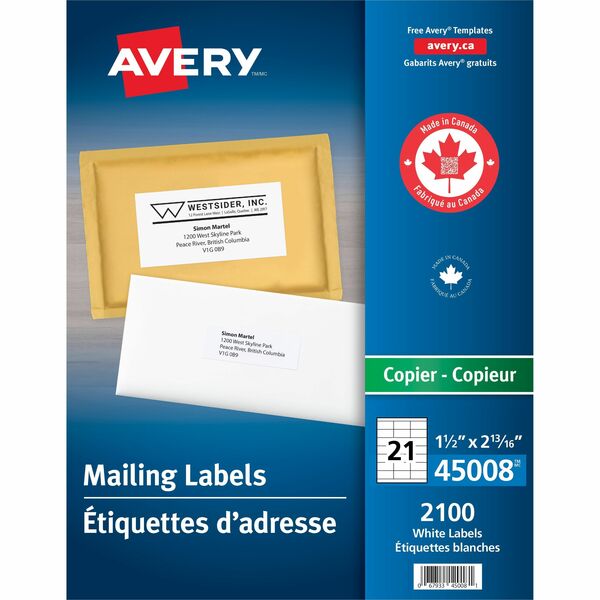 Avery Address Labels for Copiers, 2-13/16" x 1½" - 2 13/16" (71.37 mm) Width x 1 1/2" (38.10 mm) Length - Permanent Adhesive - Rectangle - Bright White - 2100 Total Label(s) - 100 / Box