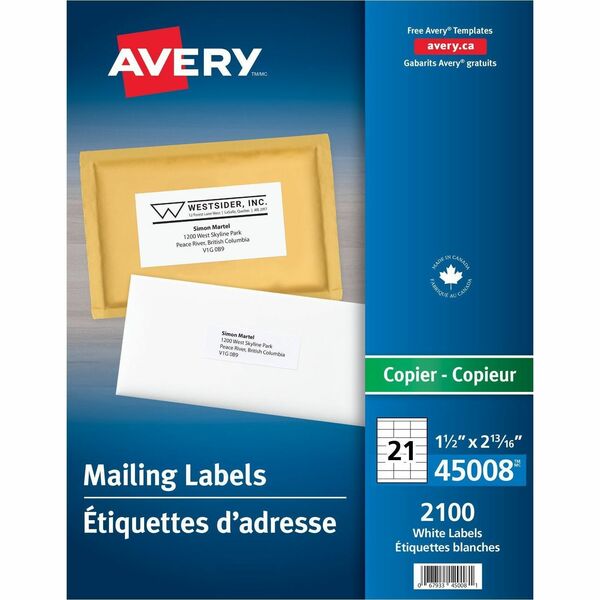 Avery Address Labels for Copiers, 2-13/16" x 1½" - 2 13/16" (71.37 mm) Width x 1 1/2" (38.10 mm) Length - Permanent Adhesive - Rectangle - Bright White - 2100 Total Label(s) - 100 / Box