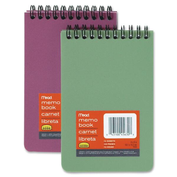 Mead Memo Book - 150 Pages - 75 Sheets - Wire Bound - 4" (10.16 cm) x 6" (15.24 cm) Sheet Size - White Paper - Black Binding - Assorted Poly Cover - Hole-punched - 1 Each