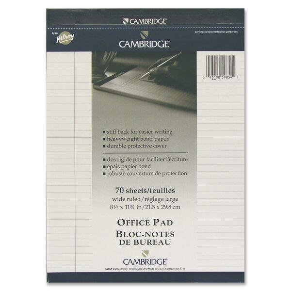 Hilroy Cambridge Office Notepad - 70 Sheets - Ruled Front Ruling - Ruled Margin - 20 lb (9071.85 g) Basis Weight - Legal - 8 1/2" (215.90 mm) x 11 3/4" (298.45 mm) Sheet Size - White Paper - Numbered, Durable Cover, Micro Perforated, Easy Tear, Stiff-back